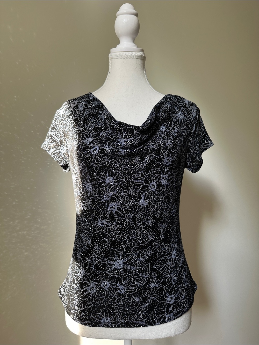 ONYX NITE Vintage Black Floral Beaded Cowl Neck Whimsigoth Fairy Top Small